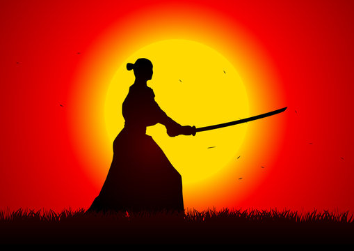 A samurai stance with the sunset as the background
