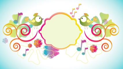 Color background with birds and flowers and label