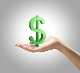 3d Green Dollar Sign on a woman's hand