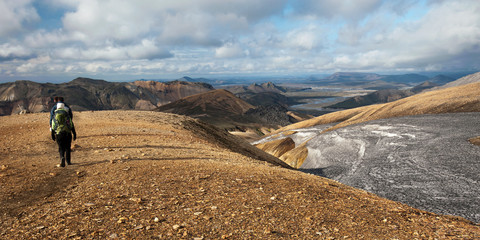 hikers on the trip in Landmannalaugar mountains, Iceland