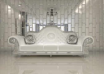 Modern white sofa in royal interior apartment space