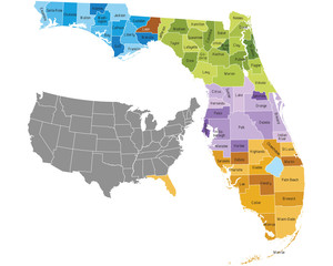Florida state counties map with boundaries and names - obrazy, fototapety, plakaty