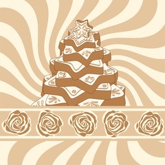 gingerbread christmas tree on background with brown swirl