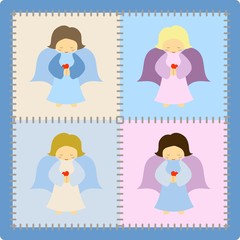 Four little angels on patchwork background