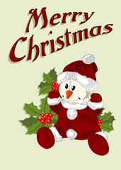 Christmas card with snowman in santa claus dress