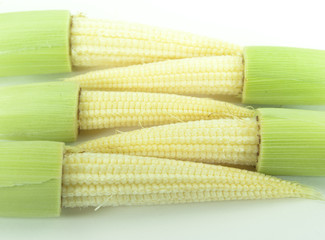 Baby corns on a white background put together.