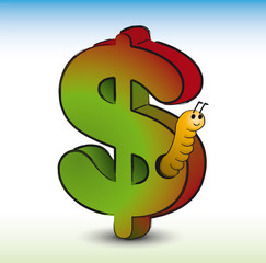 Wormy Dollar. Cartoon of a Dollar symbol being eaten by a worm. Illustration on white background. Vector.