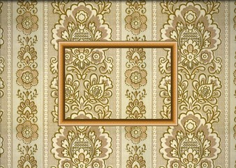 Wooden frame on wallpaper in golden tones