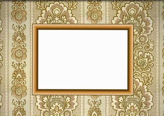 Wooden frame on wallpaper in golden tones