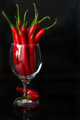 Hot chili in a wine glass on a black background.