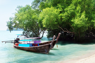 Naklejka na ściany i meble long boats on beach in Thailand