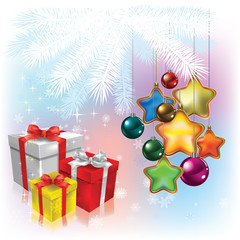 Christmas gifts with decorations on white