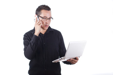 Young man using computer office wifi telephone