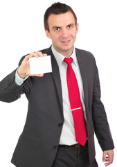 Caucasian businessman with empty,blank white card.