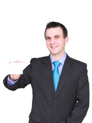 Caucasian businessman with empty,blank white card.