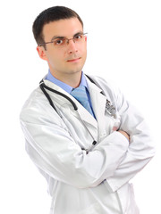 Portrait of medical doctor with cross a hands.