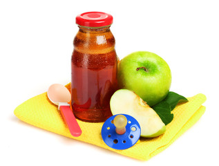 baby food, pacifier and fruits isolated on white