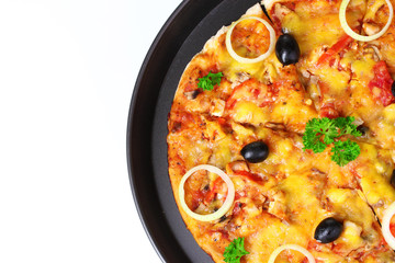 tasty pizza with olives in the pan isolated on white