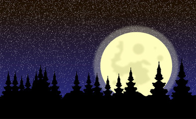 Landscape, night forest with big moon