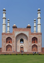 Tomb of Akbar with its four minarets in India's Agra.