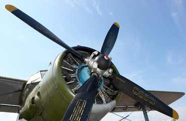 Aircraft propeller against a blue sky