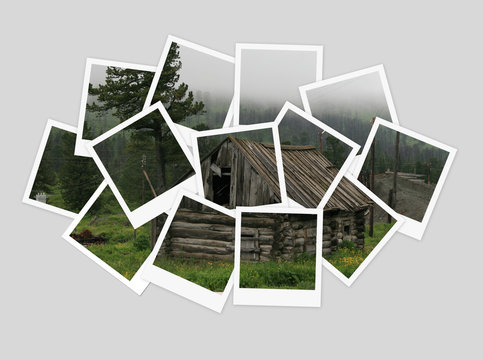 Old house in forest, collage of photos for your design