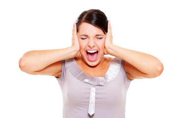stressful woman covering her ears