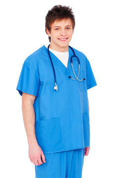 smiley nurse in blue uniform