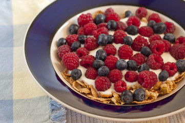 Blue bowl with cereal, yogurt, and berries