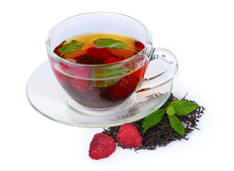 black tea, mint and raspberry in cup isolated on white