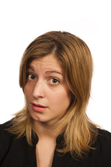 close up of young woman over white background