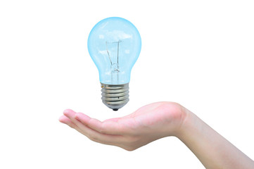 blue light bulb in women hand