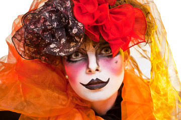 Woman mime with theatrical makeup. Studio shot.