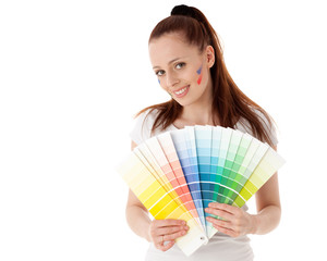 Young woman with a color guide.