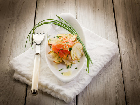 salmon carpaccio with slice ovum mushroom salad