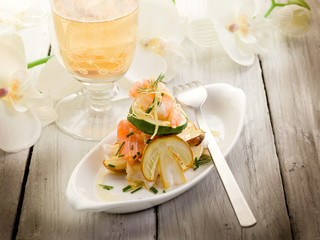 salad with shrimp salmone carpaccio and slice ovum mushroom