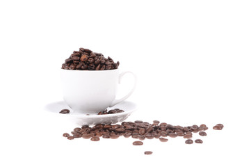 Coffee beans with mug isolated on the white background