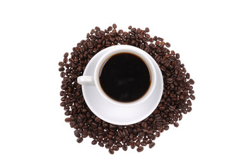 Coffee beans with mug isolated on the white background
