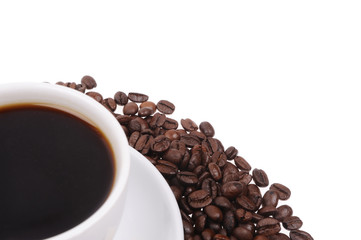 Coffee beans with mug isolated on the white background