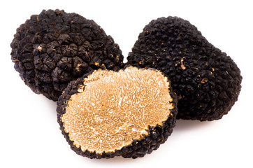 Black truffles on a white background