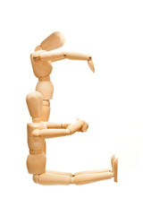 Alphabet in concept of mannequin posed. E