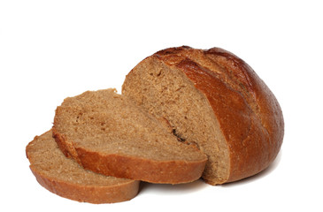 The cut loaf of bread on a white background