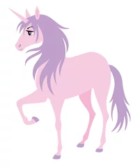 Abwaschbare Fototapete Pony Süßes rosa Einhorn mit lila Haaren.