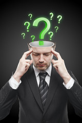 Open minded man with Green question marks inside