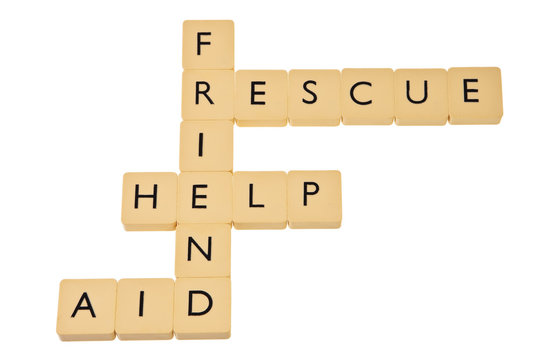 Words help, rescue, friend and aid as crossword.