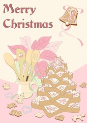 illustrated gingerbread christmas tree with poinsettia