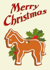 illustrated christmas card with gingerbread horse