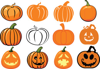 Set of pumpkins and jack o lanterns