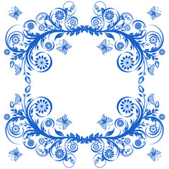 vector illustration of a blue floral frame with butterflies.