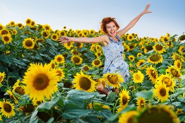 Fototapeta premium woman on blooming sunflower field